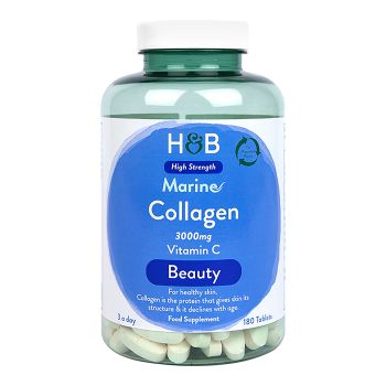 H&B HIGH STRENGTH jūrinis kolagenas 3000 mg ir vitaminas C, 180 tablečių