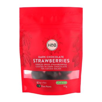 HOLLAND & BARRETT liofilizuotos braškės padengtos juoduoju šokoladu, 90 g