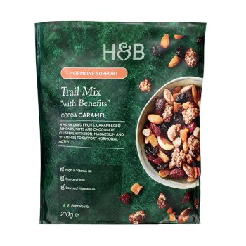 H&B TRAIL MIX WITH BENEFITS džiovintų vaisių, sėklų ir riešutų mišinys su kakava ir karamelė, 210 g