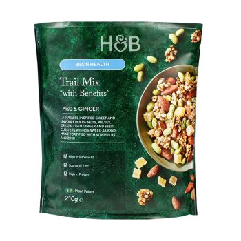 H&B TRAIL MIX WITH BENEFITS MISO&GINGER džiovintų vaisių, sėklų ir riešutų mišinys, 210 g