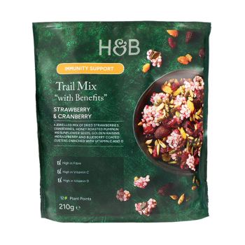 H&B TRAIL MIX WITH BENEFITS STRAWBERRY&CRANBERRY džiovintų vaisių, sėklų ir riešutų mišinys, 210 g