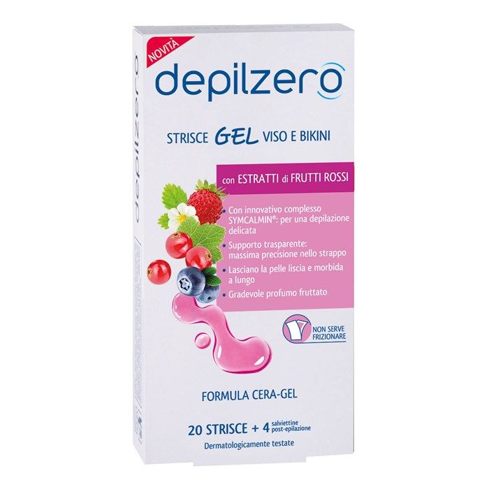 DEPILZERO ESTRATTI DI FRUTTI ROSSI veido ir bikini srities depiliacinės juostelės (20 vnt.)