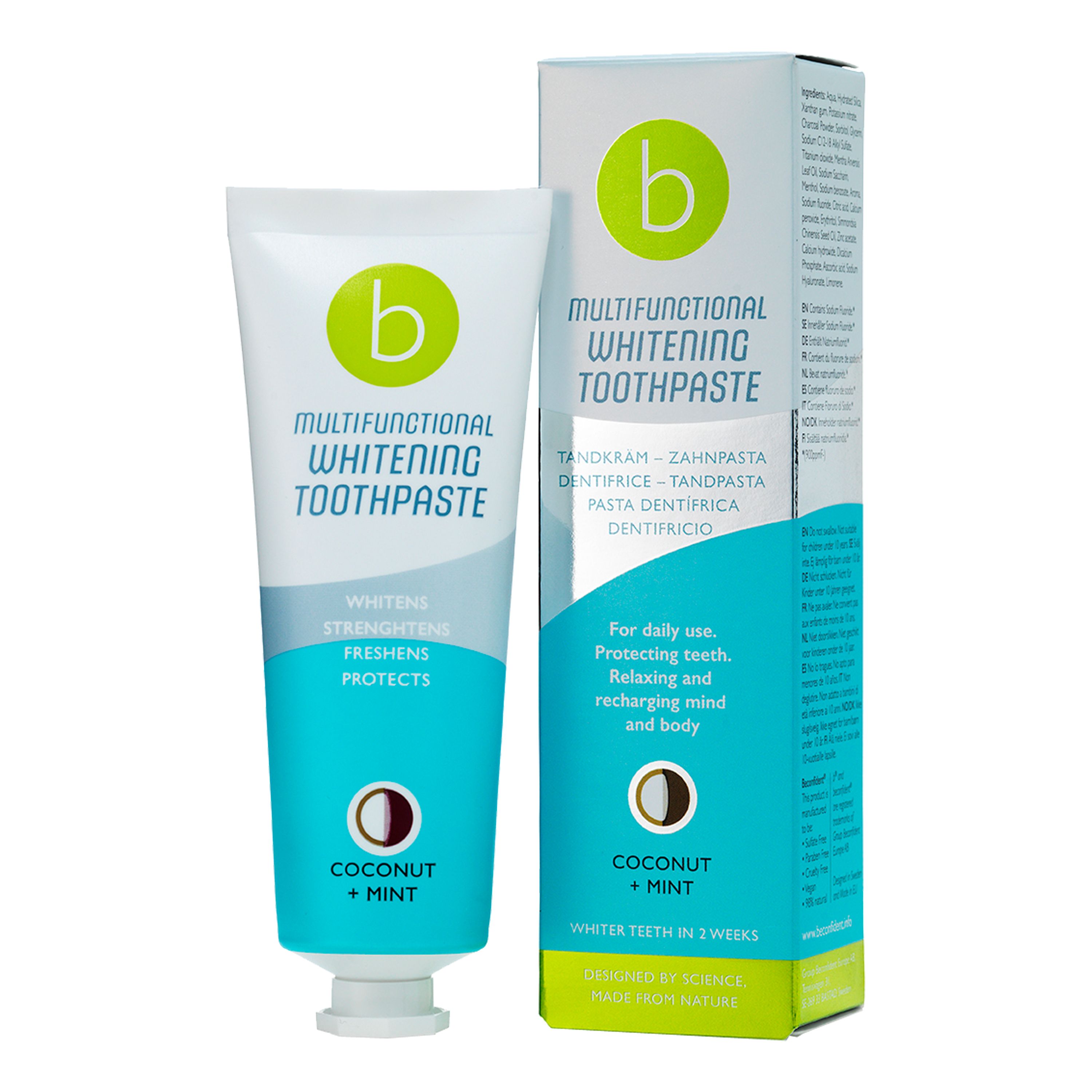 BECONFIDENT MULTIFUNCTIONAL WHITENING COCONUT + MINT dantų pasta