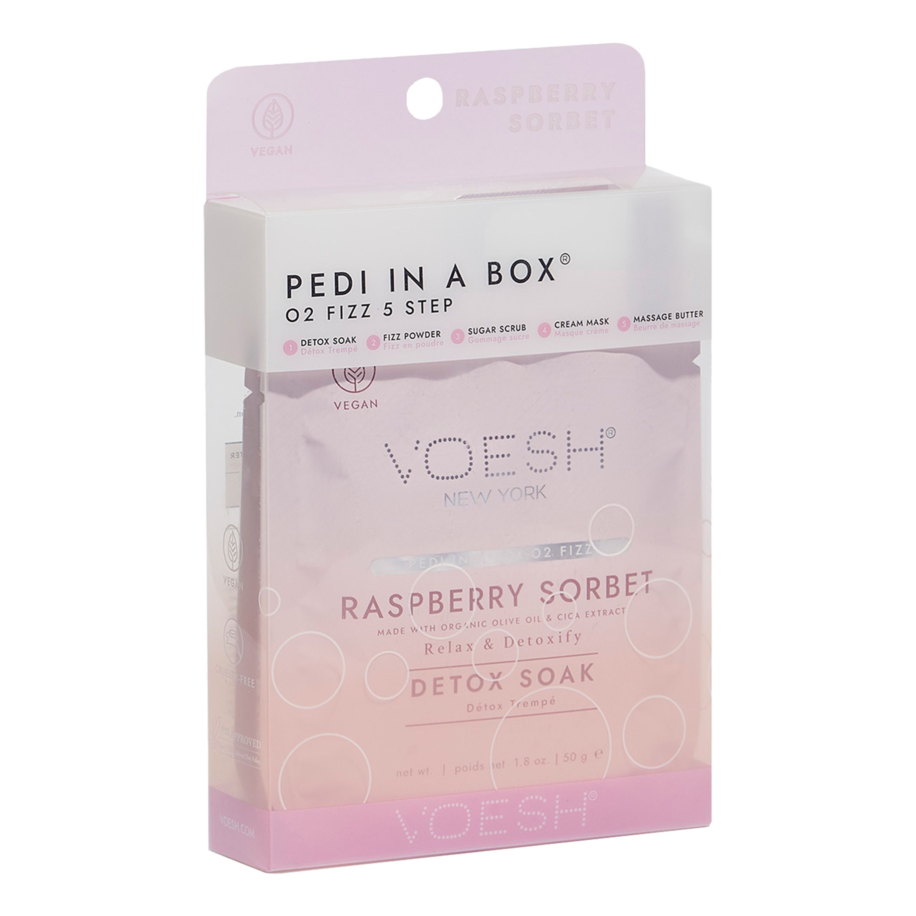 PEDI IN A BOX 02 FIZZ 5 STEP VOESH RASPBERRY SORBET pedikiūro priemonių rinkinys
